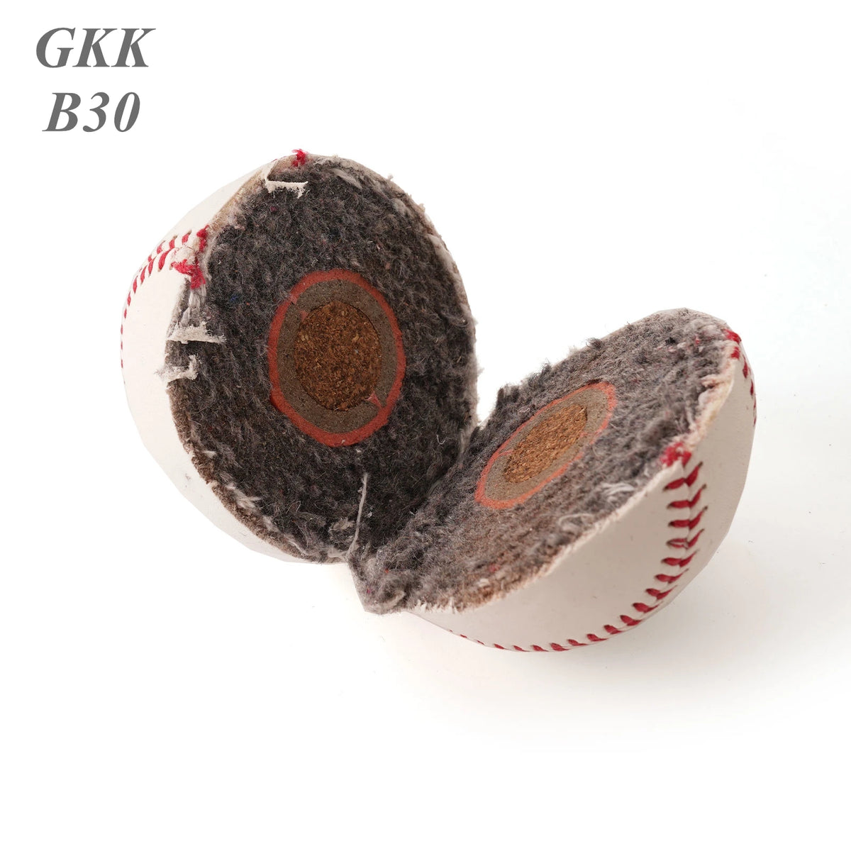 White baseball with exposed wool stuffing and red laced stitching
