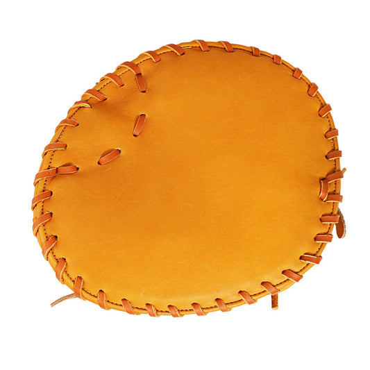 Orange leather baseball glove with braided lacing, round palm view