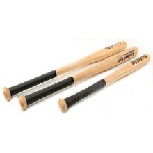 Wood baseball bat with black grip and dark accents along barrel