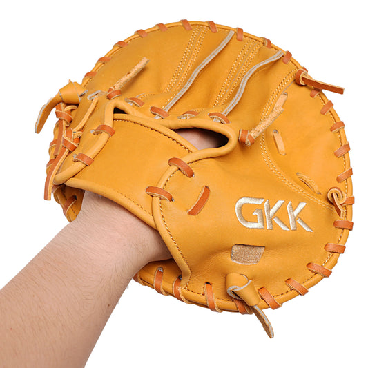 Orange leather baseball glove on hand, open pocket with GK stitched logo