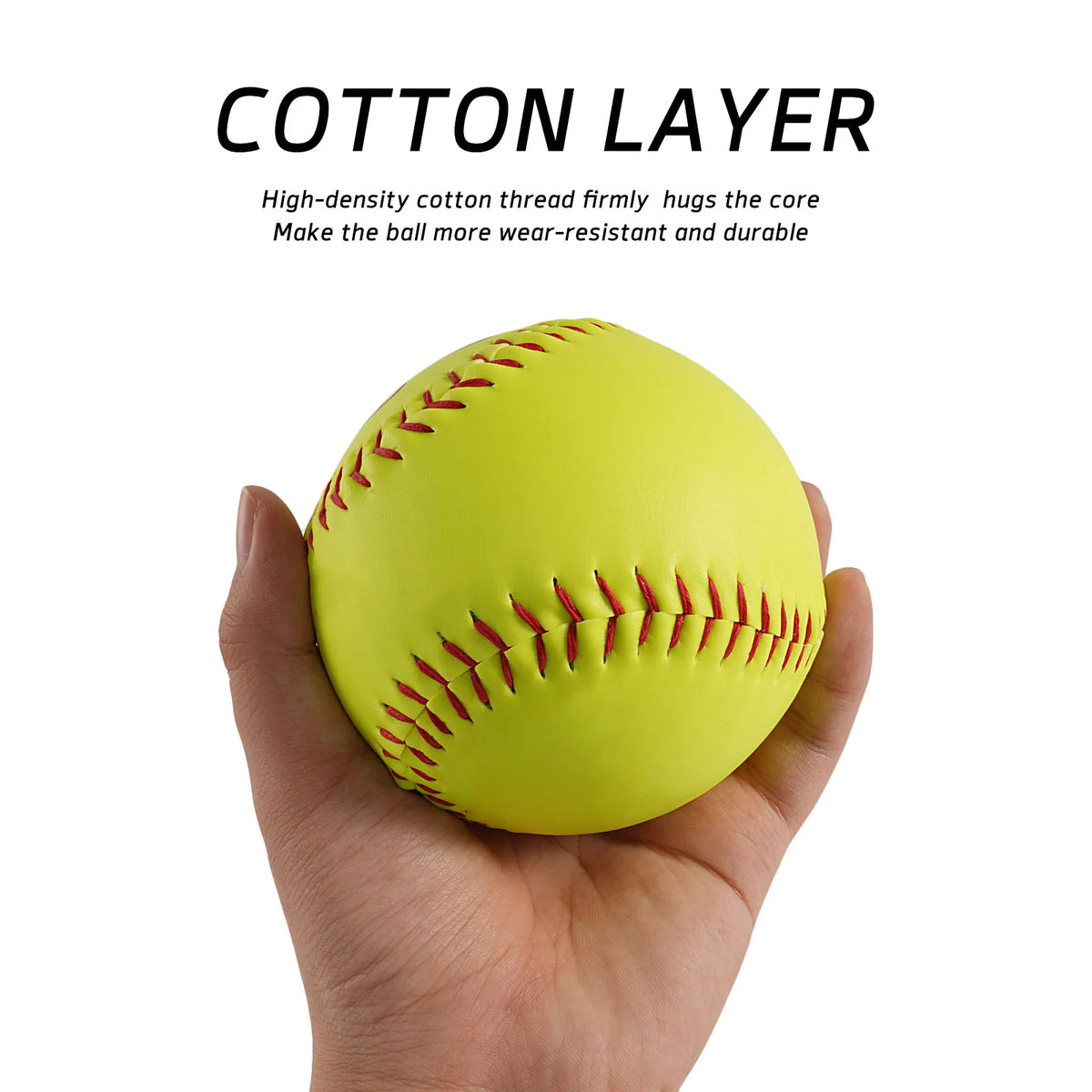 Neon yellow softball held in hand, red stitched seams visible