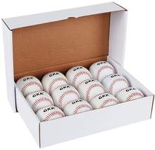Custom baseballs with red stitching in an open cardboard box