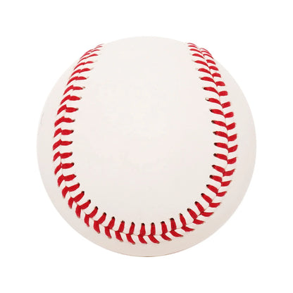 White baseball with red stitched seams, oval top view