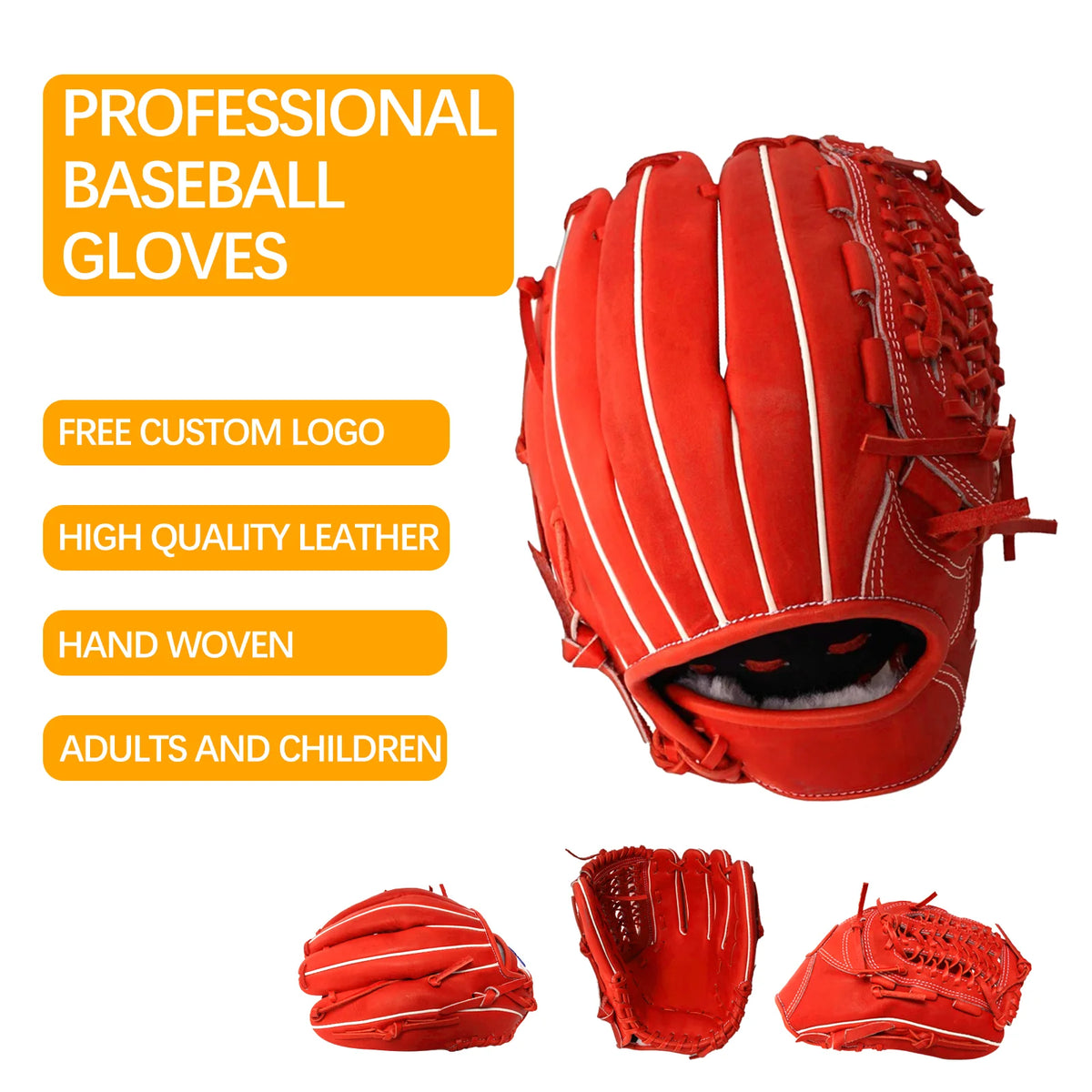 Red professional baseball glove shown in three views