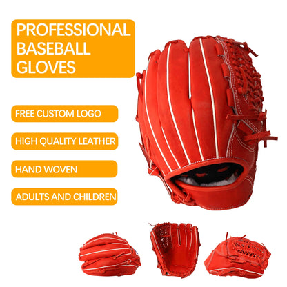 Red professional baseball glove shown in three views