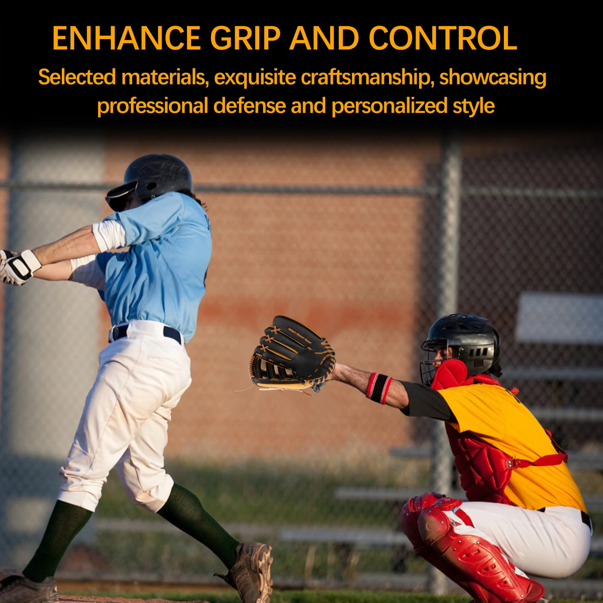Tan and black batting glove on hand with padded palm and lace-up wrist strap