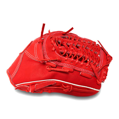 Red baseball batting glove with web lacing and padded cuff