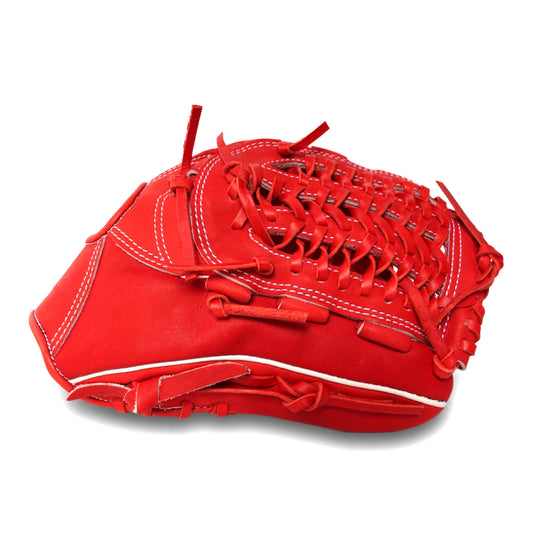 Red baseball batting glove with web lacing and padded cuff
