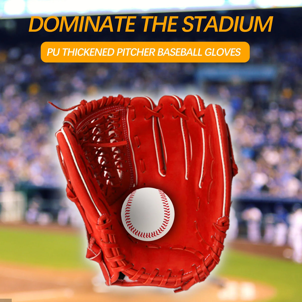 Red baseball batting glove holding a baseball, webbed fingers and pocket