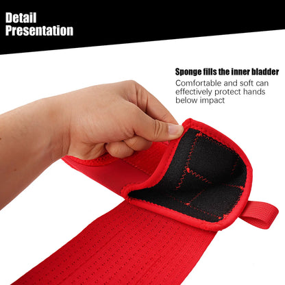 Red baseball sliding mitt with cushioned interior padding, hand pressing palm area