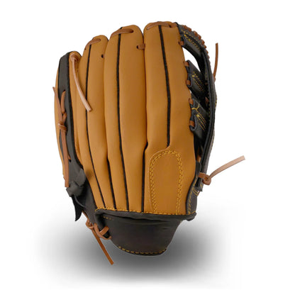Tan and black baseball batting glove with stitched palm and lace-up wrist strap
