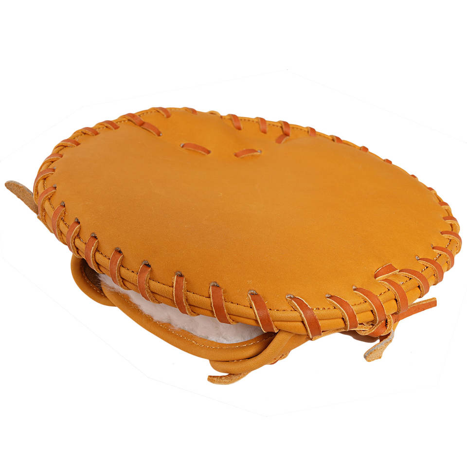 Orange leather baseball glove, closed pocket with braided side lacing