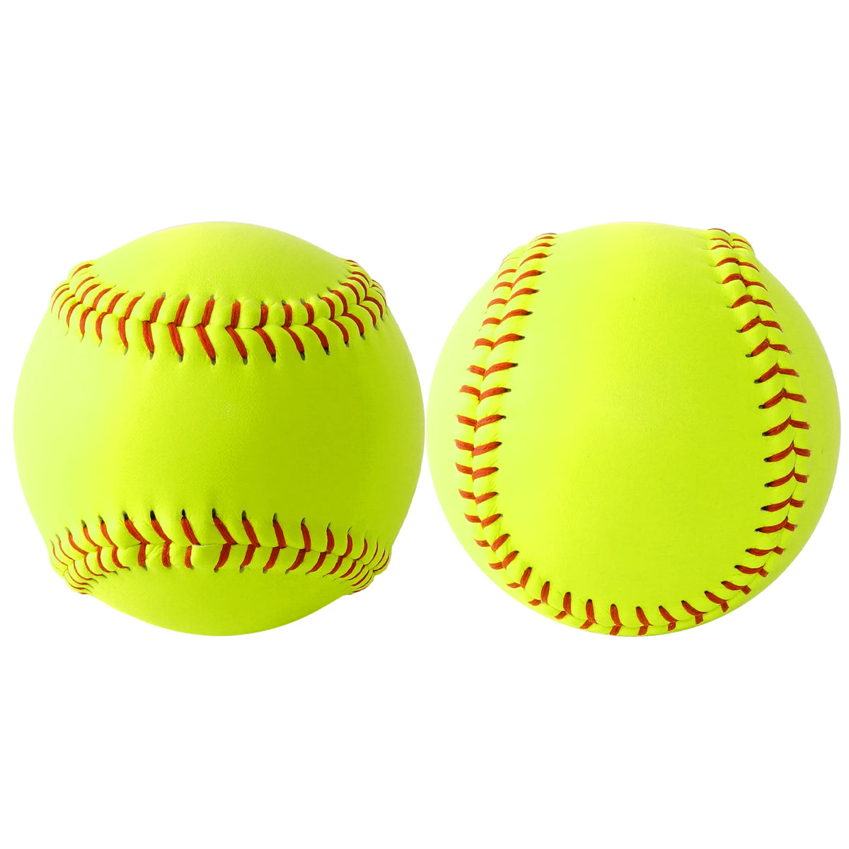 Neon yellow training softball front and back view with red stitched seams
