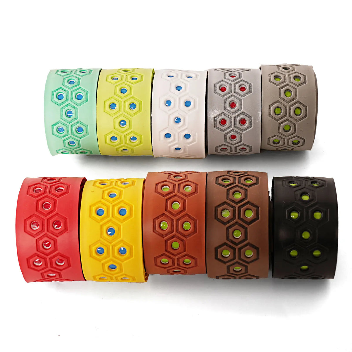 Assorted baseball bat grip tape rolls with hexagon patterns in red, yellow, brown and black