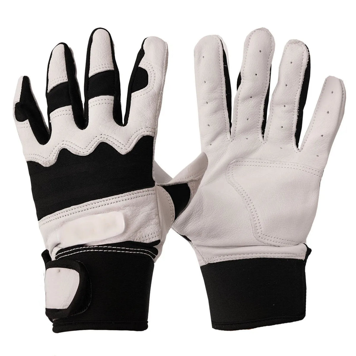Pair of black and white batting gloves with padded knuckle and stitched seams