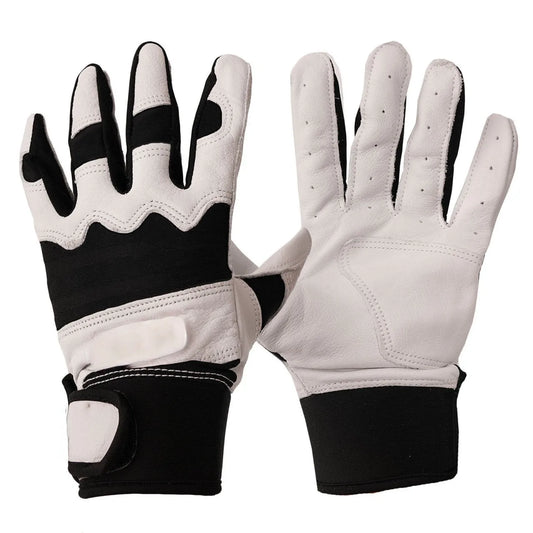 Pair of black and white batting gloves with padded knuckle and stitched seams