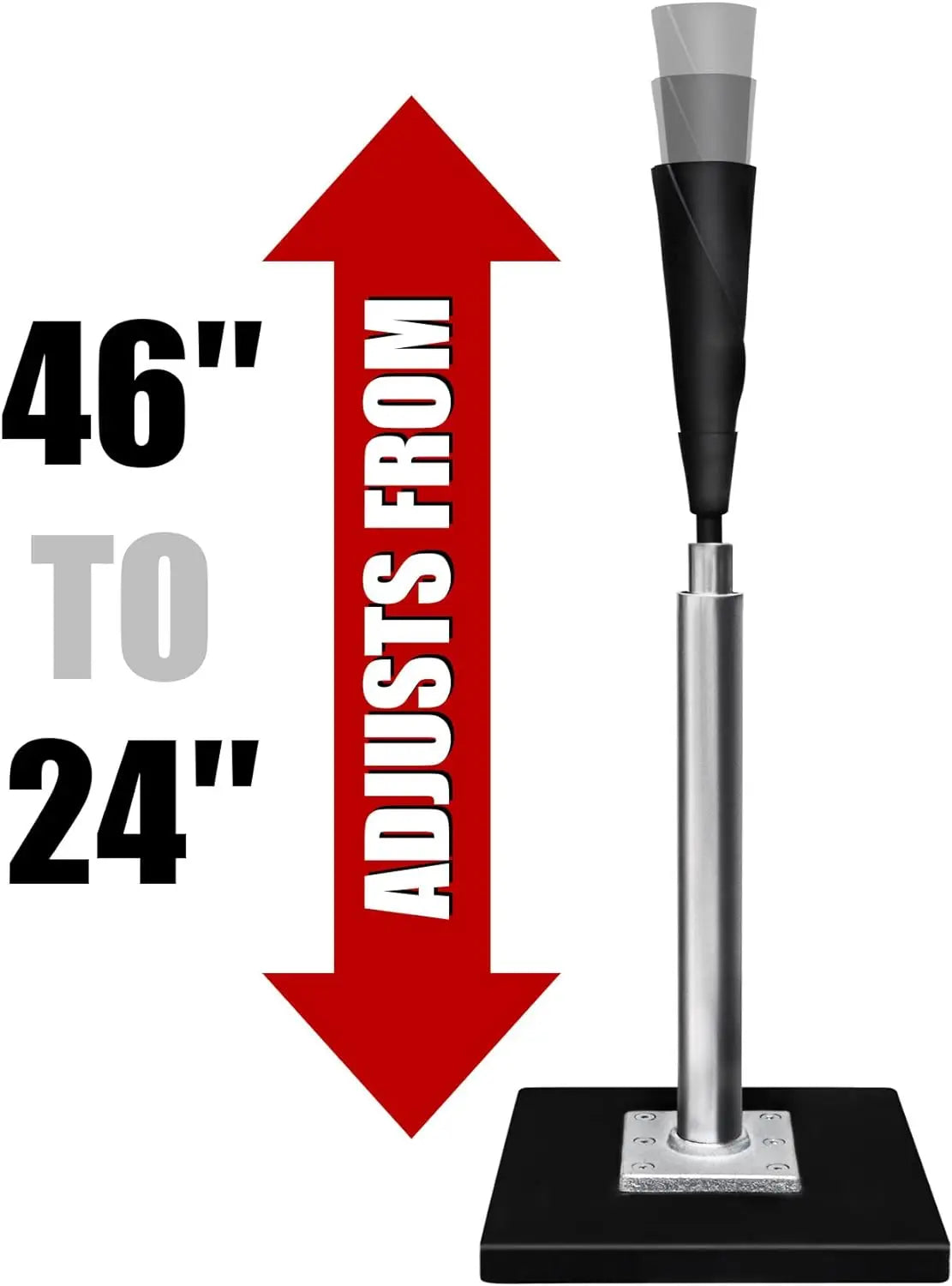 Adjustable aluminum hitting tee with black rubber top on silver stem and black base
