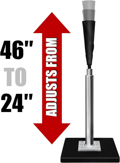 Adjustable aluminum hitting tee with black rubber top on silver stem and black base
