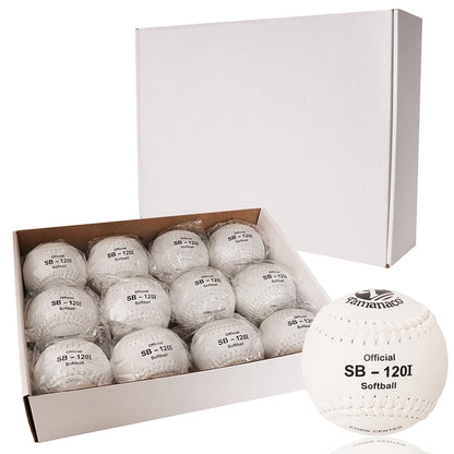 Boxed set of white SB-120I softballs with stitched seams and “Official” print