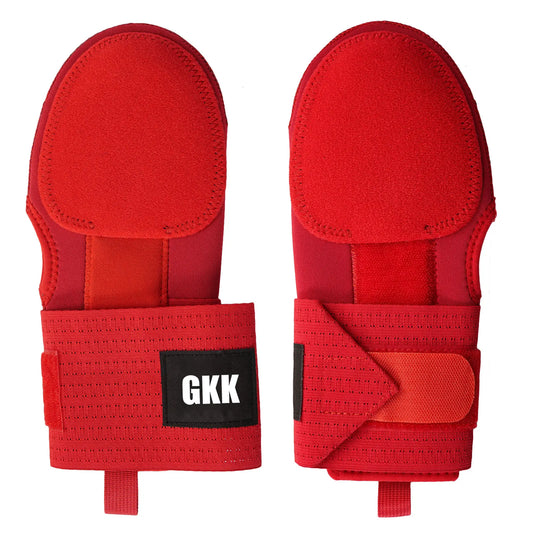 Red baseball sliding mitt with padded palm and adjustable hook-and-loop wrist strap