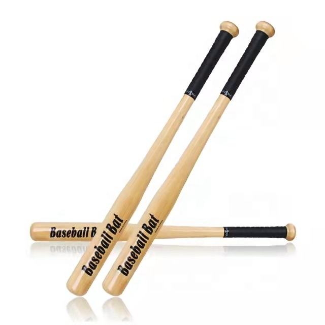 Wood baseball bat pair with black grips and dark logo on barrel