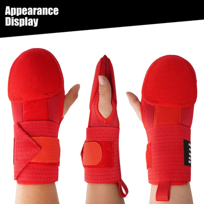 Red baseball sliding mitt with open hand padding and adjustable wrist strap, side view