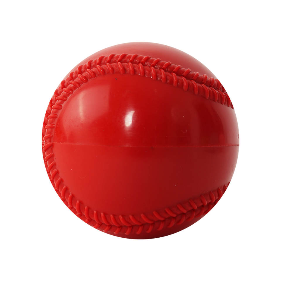 Red baseball-style training ball with raised stitched seam detail