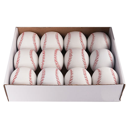 Set of white baseballs with red stitching in a cardboard display box