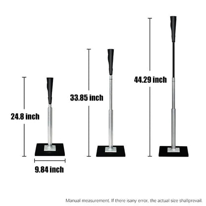 Adjustable aluminum hitting tee on black base with black rubber top, shown at different heights