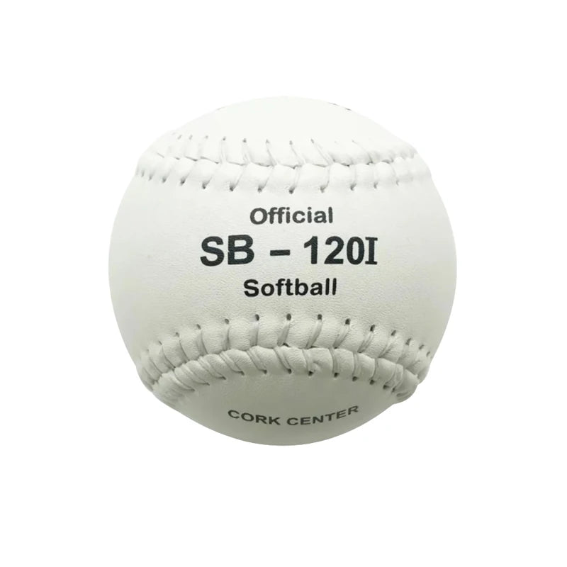 Official white softball SB-120I with “cork center” text and stitched seams