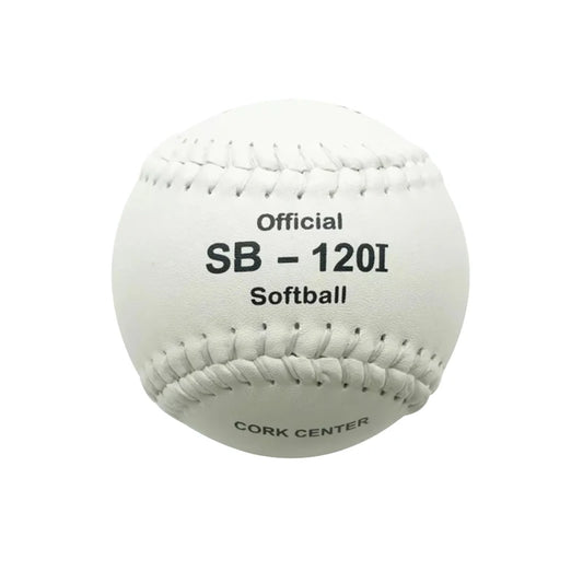 Official white softball SB-120I with “cork center” text and stitched seams