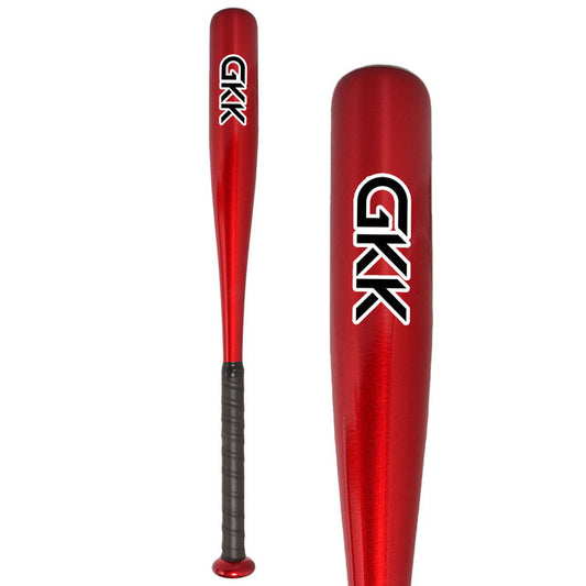Red aluminum baseball bat with black grip and white logo print