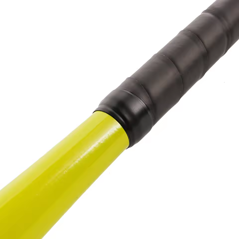 Yellow training baseball bat barrel with black padded grip close-up