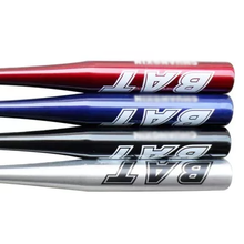 Aluminum baseball bats in red, blue, and silver with glossy printed logos